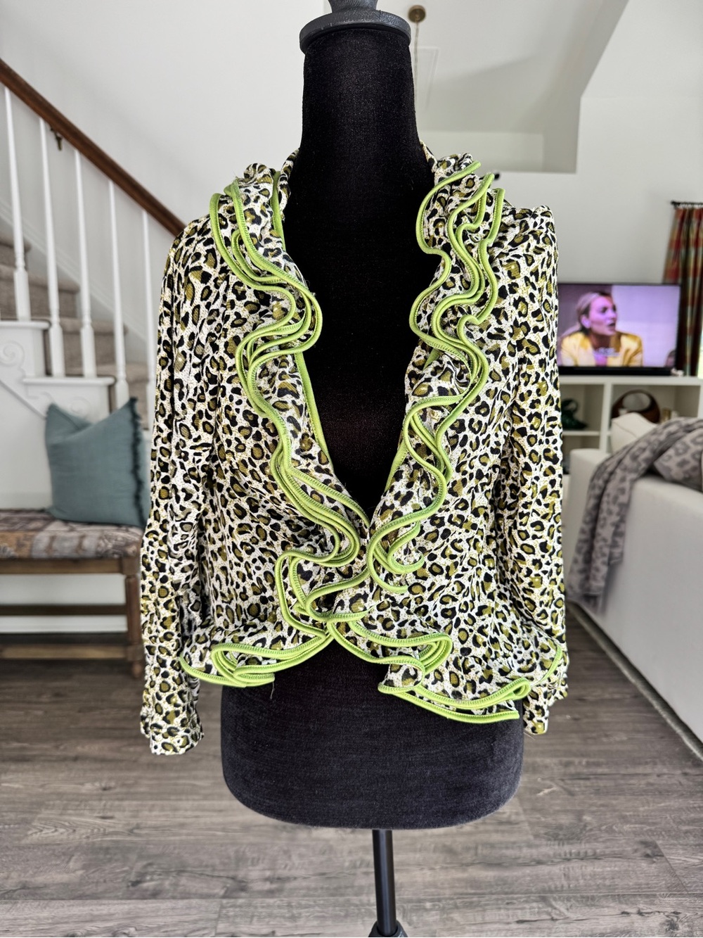 berek Leopard Print Ruffle Blouse with Lime Trim